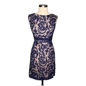 Adrianna Papell Navy Lace Mini Dress Blue Sheath Overlay‎ Women’s Size 4P Petite